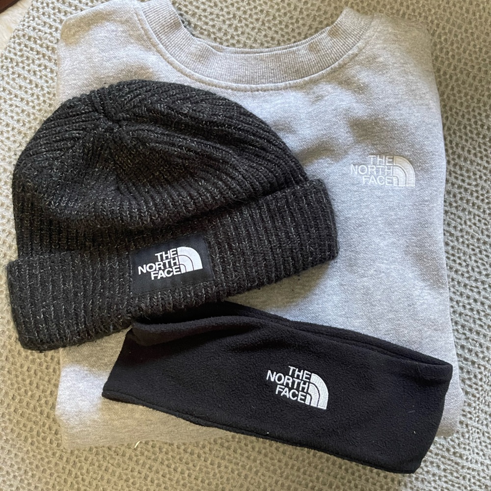 The North Face Black Beanie, Headband, and Gray Sweatshirt Trio